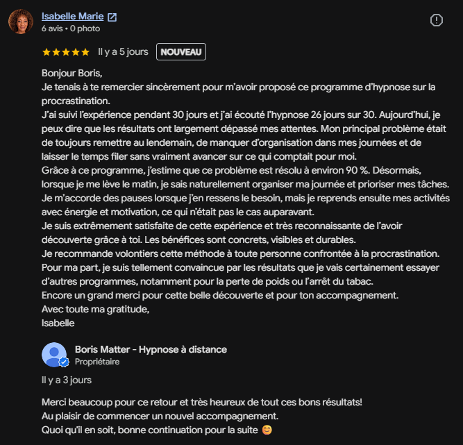 Avis Google d'Isabelle Marie
